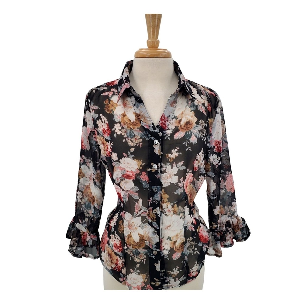 NorthStyle Black Floral Sheer Blouse Womens S Romantic‎ Ruffle Sleeve Button Top